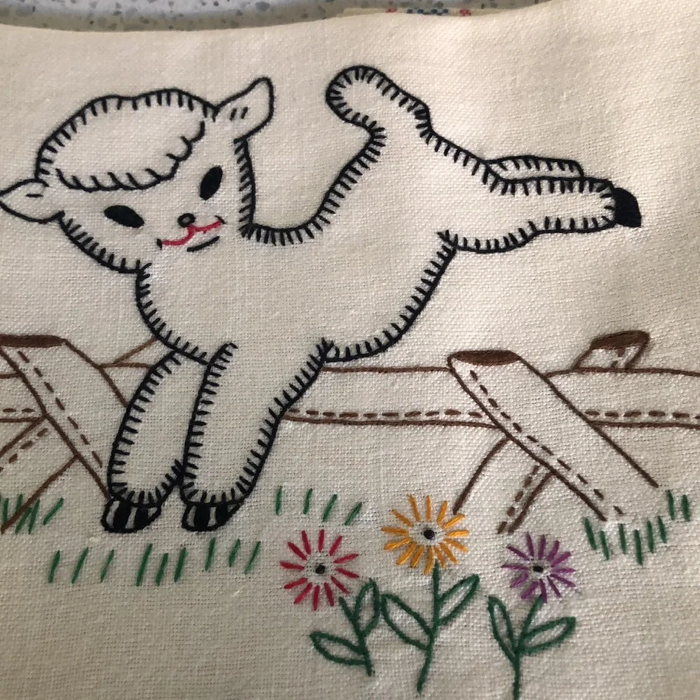 4 vintage hand embroidered canon linen tea towels with baby ducks and baby lamb